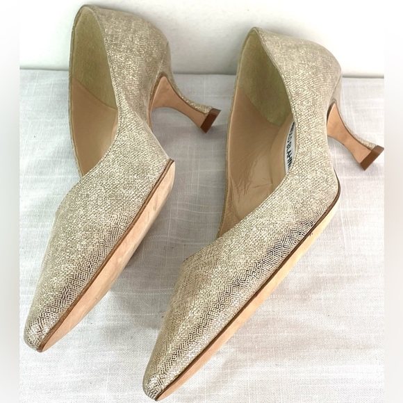 Manolo Blahnik Gold Glitter Fabric Pointy Suede Pumps Size 39 Made in Italy - Picture 3 of 7